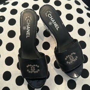 Chanel Black Grommet CC, Hammered Silver Platform Slides